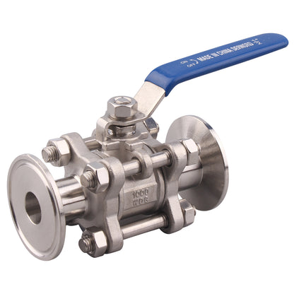 Sanitary Ball Valve | Fits 1.5" Tri-Clamp Clover | Stainless Steel 304 | PTFE Lined, Two Way & Three Piece